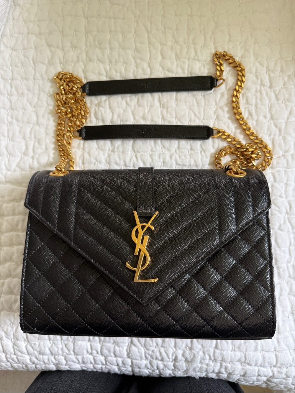 Saint Laurent Black Quilted Monogram Shoulder Bag with Gold Hardware